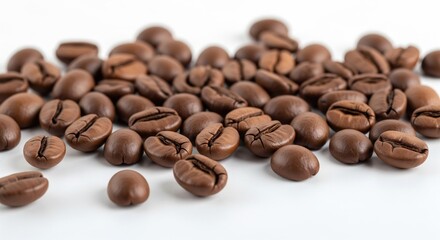 Naklejka premium Pile of aromatic roasted coffee beans lies on a white surface in the studio creating a warm and inviting atmosphere .
