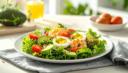 Healthy shrimp and egg salad with fresh avocado and tomato, perfect for a light and nutritious meal