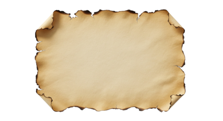 Aged Parchment Paper with Burned Edges Vintage Scroll Texture Ancient Document Template on transparent background