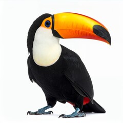 Striking portrait of a vibrant toucan displaying its colorful plumage on white background