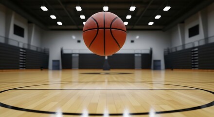 Naklejka premium Floating Basketball in a Polished Hardwood Gym