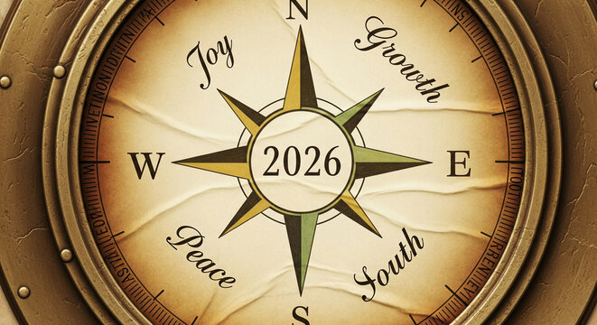 Navigate towards a brighter future with the 2026 compass pointing to growth, joy, peace, and success in this vintage design.