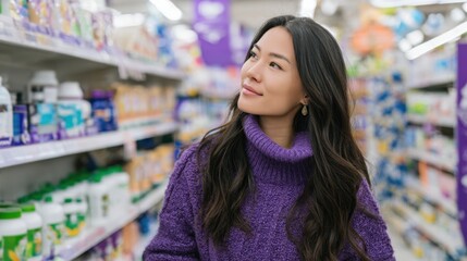 Asian female shopping in grocery store aisle wearing purple sweater