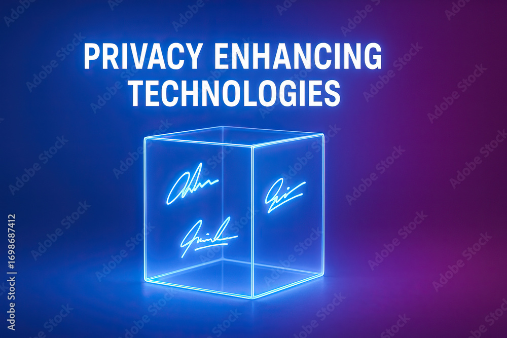 Poster futuristic glowing cube with digital signatures symbolizing privacy enhancing technologies, data pro
