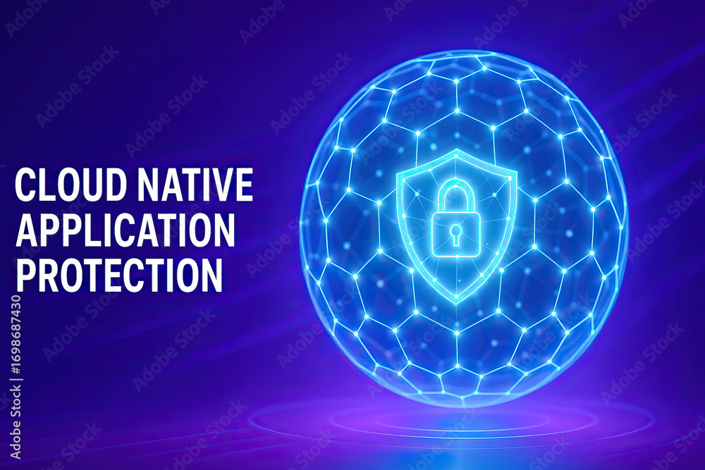 Poster glowing sphere with digital shield representing cloud native application protection, cybersecurity r