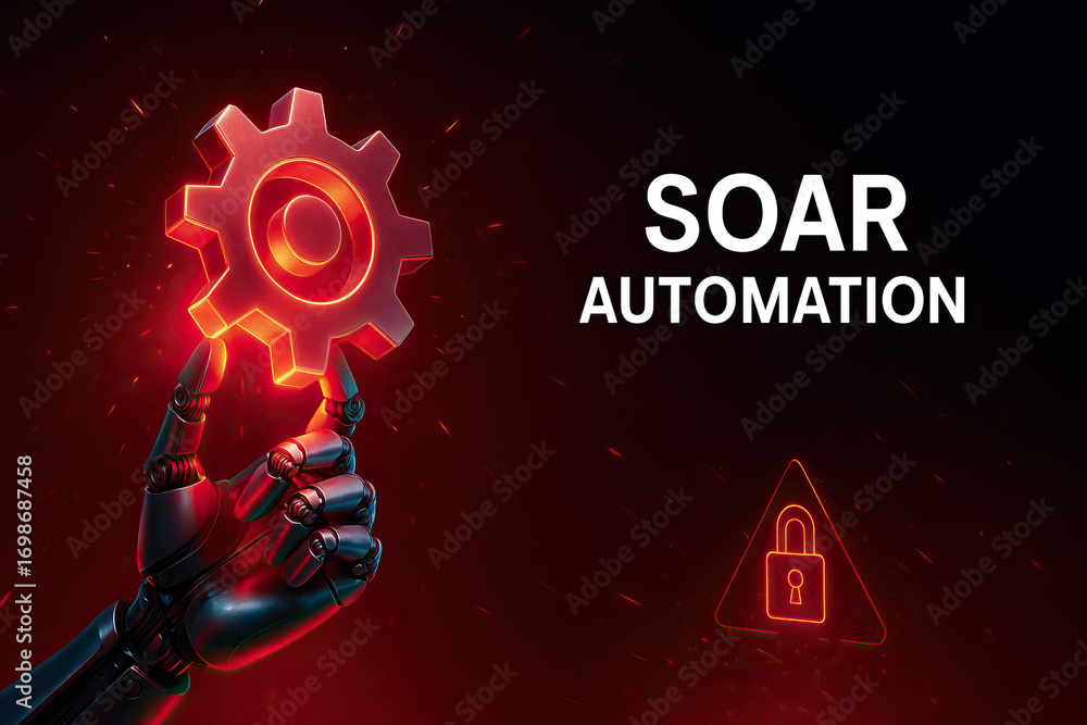 Poster robotic hand holding glowing gear representing soar automation, ai-driven security orchestration, au
