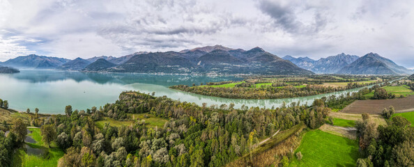 Aerial nature landscape near Colico village in Lake Como Italian Alps mountains in Lombardy