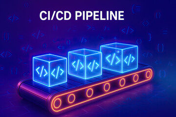 Obraz premium Glowing conveyor belt with digital code blocks symbolizing CI/CD pipeline, software automation, DevOps, and secure code deployment.
