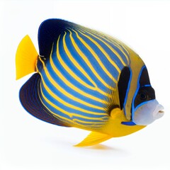 Striking angelfish displaying vibrant blue and yellow pattern detailed photograph on white background