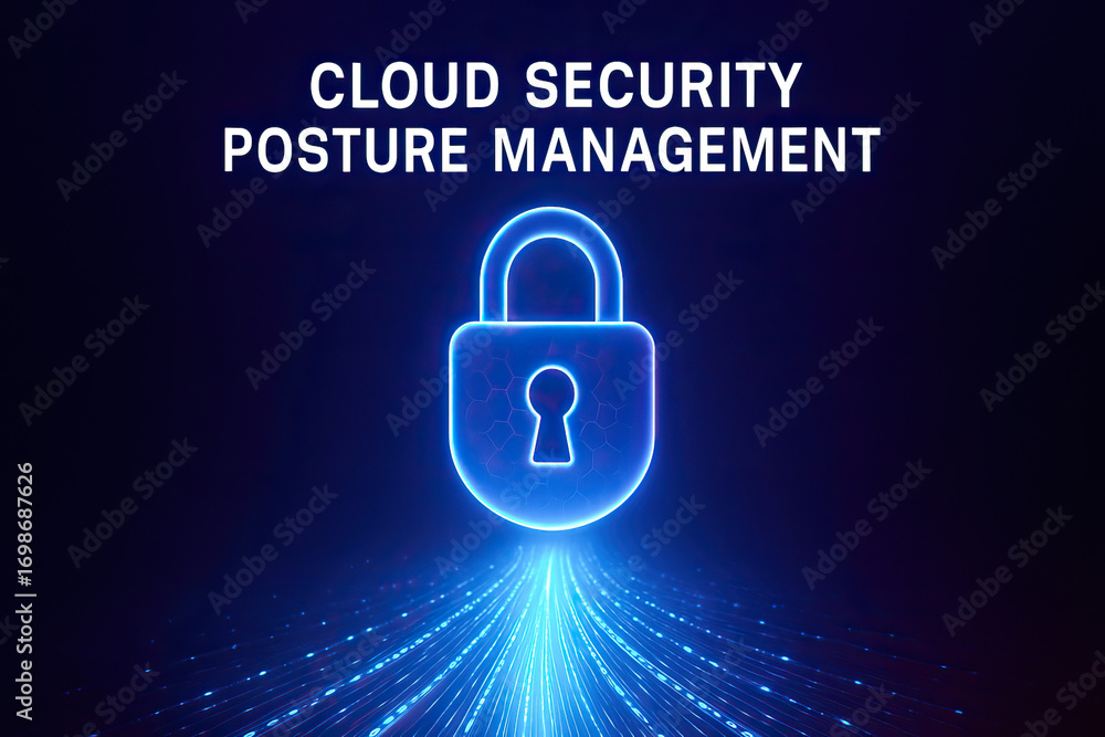 Poster glowing blue padlock over data stream symbolizing cloud security posture management, cyber defense, 