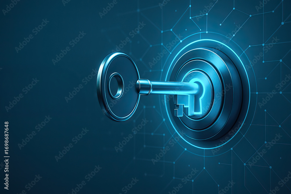 Poster futuristic glowing key unlocking digital system symbolizing secure access, encryption, cybersecurity