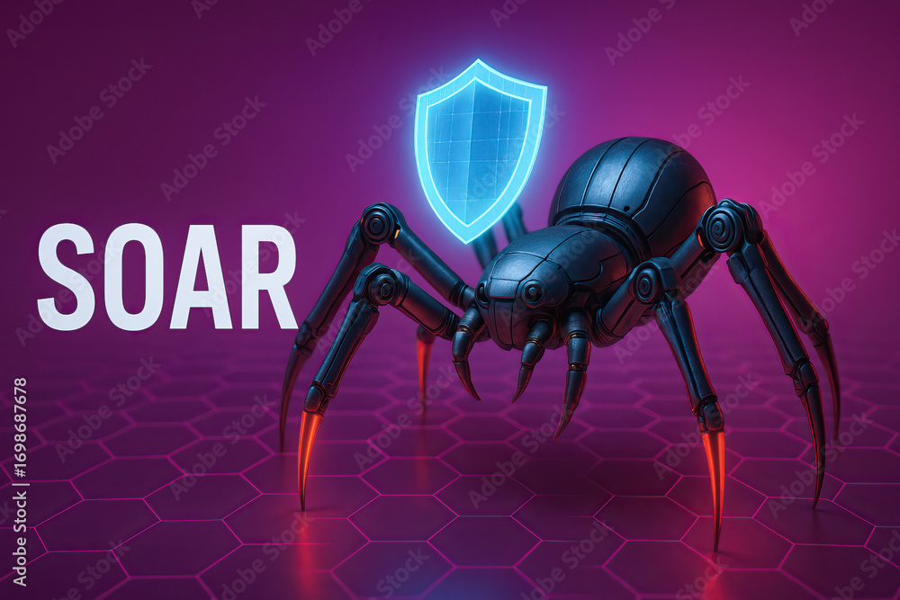 Poster futuristic robotic spider with glowing shield symbolizing soar automation, cyber defense, ai-driven 