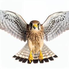 Dramatic shot of a kestrel mid-flight with fully extended wings against a simple backdrop on white background