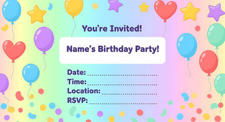 Colorful birthday party invitation design with balloons, stars, confetti and space for details