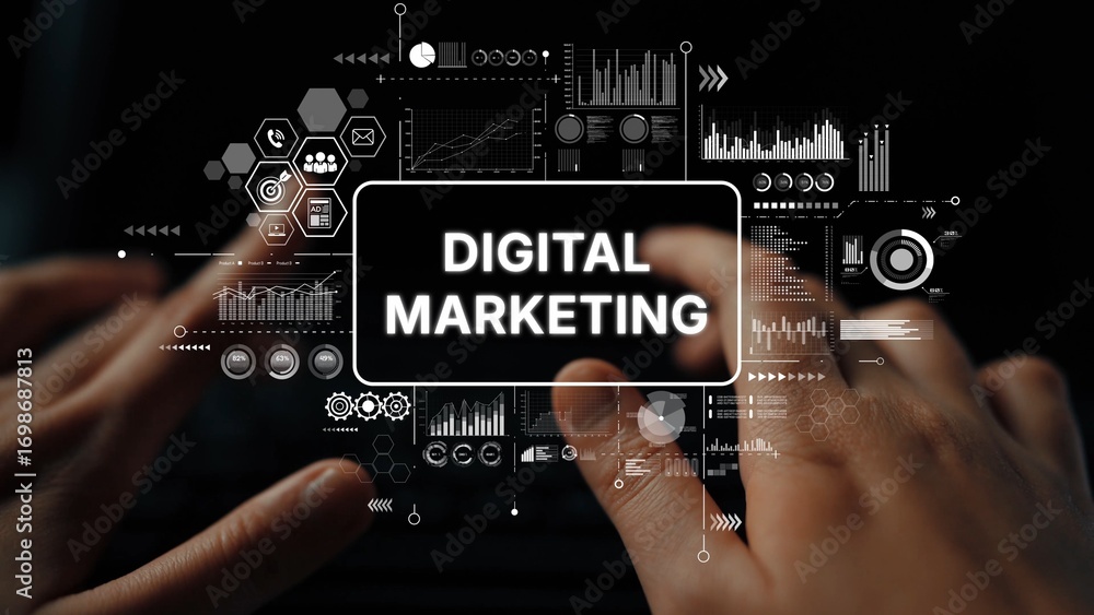 Poster hands typing on keyboard with digital marketing concept and data visualization on screen background.