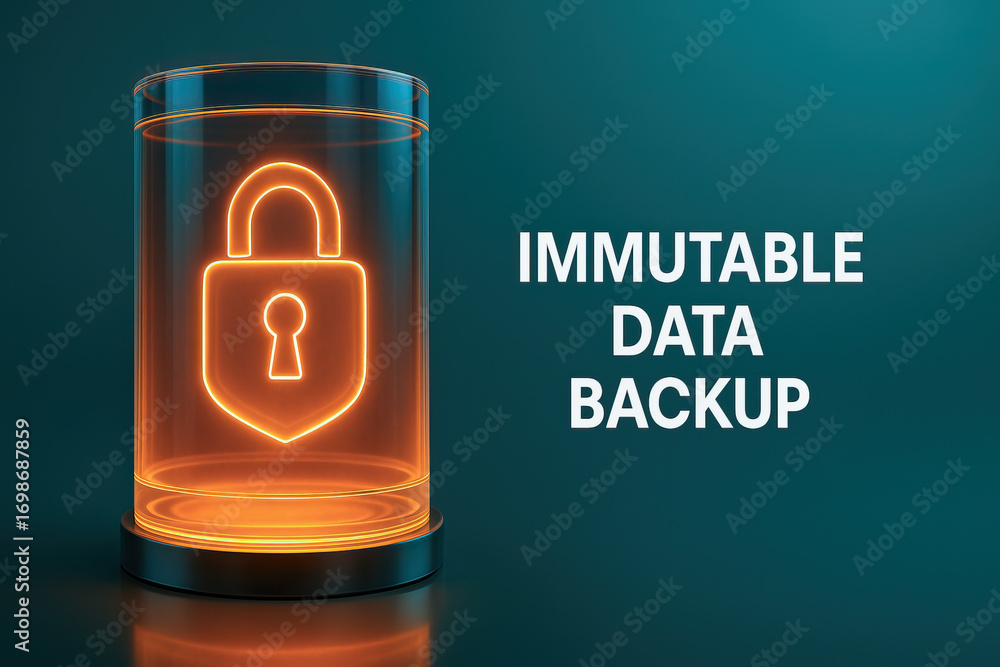 Poster glowing orange cylinder with lock icon symbolizing immutable data backup, secure storage, and protec