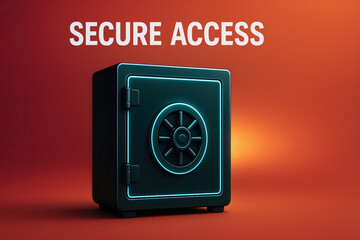 Digital safe box glowing on orange background symbolizing secure access, authentication, and information protection.