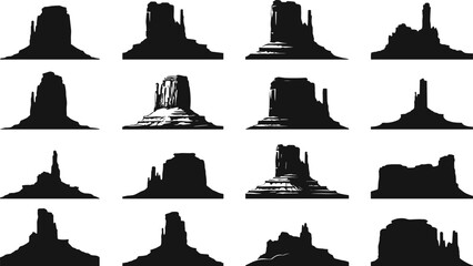 Collection of desert rock formations, Monument Valley silhouettes, sandstone buttes, American Southwest landscape elements, western nature icons, geological formations. © Mim's World