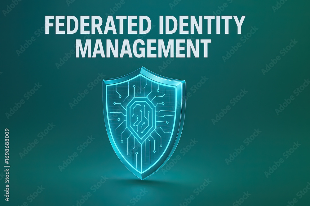 Poster digital shield with glowing circuit symbolizing federated identity management, secure authentication