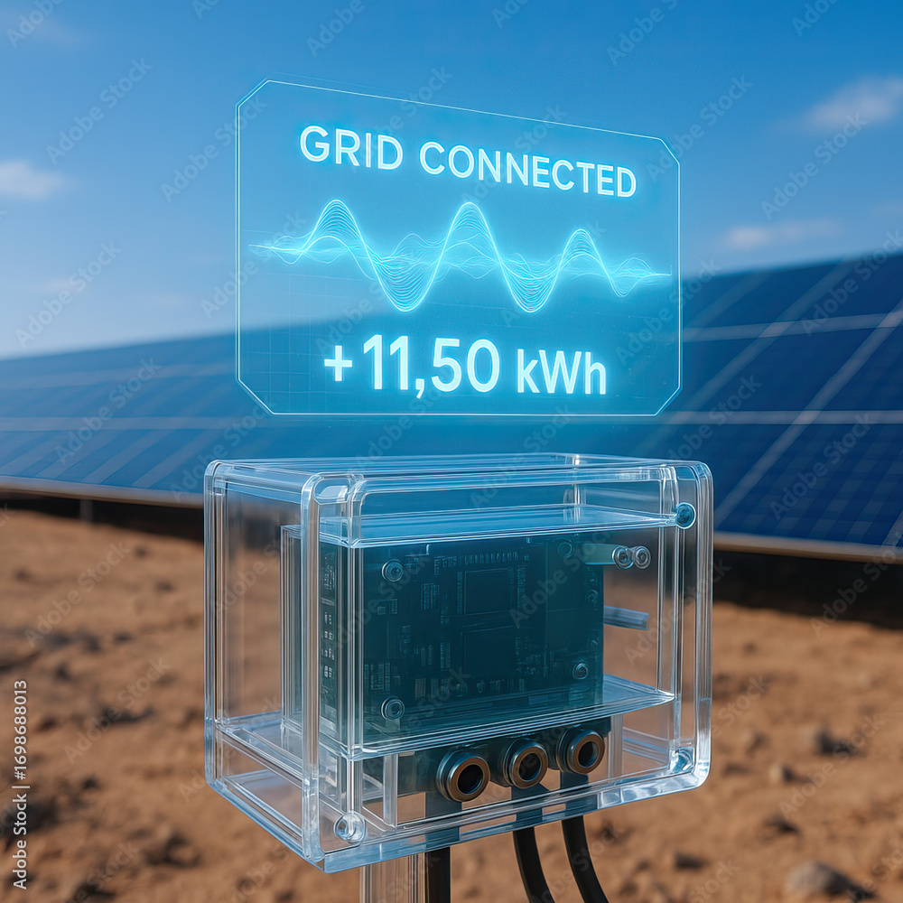 Poster transparent device with glowing hologram showing solar energy grid connection and power efficiency.