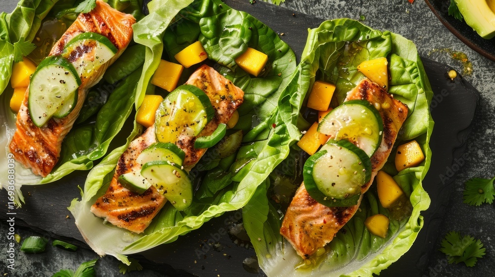 Poster a refreshing summer meal idea with romaine lettuce wraps filled with grilled salmon cucumber and man