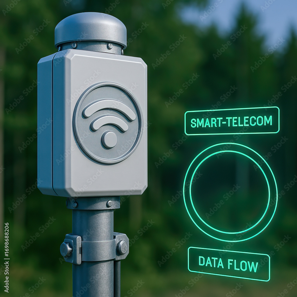 Poster Smart telecom device with glowing data flow icon symbolizing modern communication, wireless network, IoT connectivity, and smart city infrastructure.