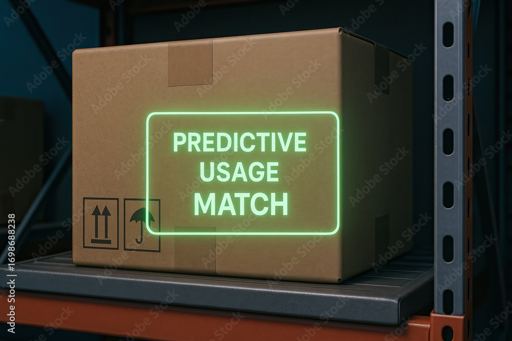 Poster warehouse package with predictive usage match label symbolizing smart inventory, demand forecasting,