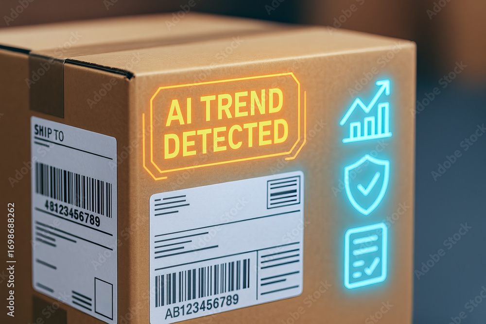 Poster futuristic package with glowing ai trend detected label symbolizing innovation, technology forecasti