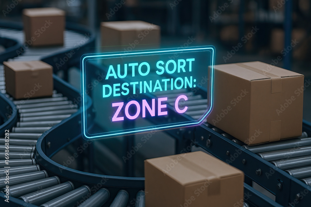 Poster automated conveyor with glowing sign auto sort destination zone c representing smart logistics, ware