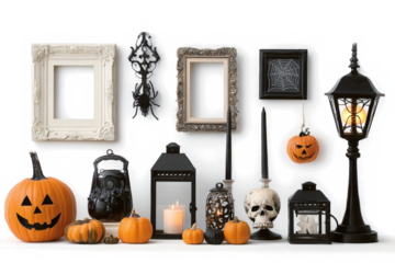 Cartoon set of isolated halloween elements on a white background a witch on a broomstick, bones, a pumpkin, a vampire, a ghost, a cauldron with a potion, a zombie.