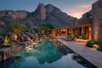 Luxury home has an infinity pool and mountain backdrop in Scottsdale, Arizona. This image showcases aspirational living and high end real estate.