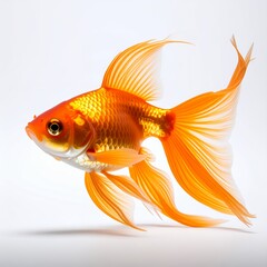 Graceful golden fish swimming underwater, captured in a studio-like setting on white background