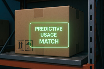 Warehouse package with predictive usage match label symbolizing smart inventory, demand forecasting, supply chain analytics, and automated warehouse systems.