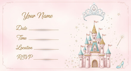 Enchanting Princess Castle Birthday Party Invitation with Editable Text Fields and Sparkly Tiara