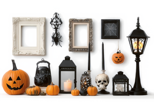 Cartoon set of isolated halloween elements on a white background a witch on a broomstick, bones, a pumpkin, a vampire, a ghost, a cauldron with a potion, a zombie.