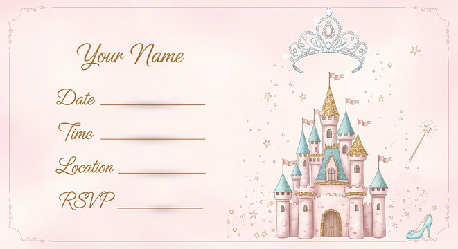 Enchanting Princess Castle Birthday Party Invitation with Editable Text Fields and Sparkly Tiara - Powered by Adobe