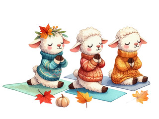 set of sheep doing yoga, sport in watercolor style, wearing scarf and sweater, for packaging, cards and graphic design. Vector.