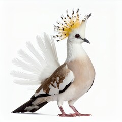 Magnificent crowned pigeon portrait showcasing ornate plumage and unique crest on white background