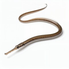 Slender pipefish with elongated body gracefully curves across the frame on white background