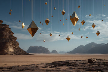 Desert landscape with floating gold diamonds abstract art surreal scene fantasy dreamscape background wallpaper image