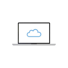 Fototapeta premium Minimalistic vector illustration of a laptop with a blue cloud icon on the screen. Concept of cloud computing, online storage, and digital data. Clean black and white line art isolated on white.