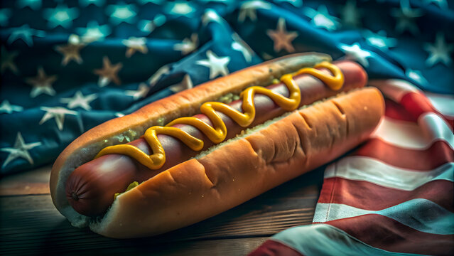 Hot dog with mustard on wooden table with american flag hotdog sausage