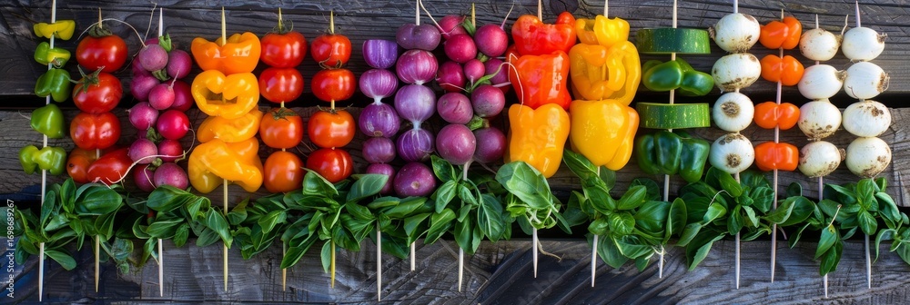 Poster freshly picked vegetables arranged on skewers creating a beautiful and vibrant display.