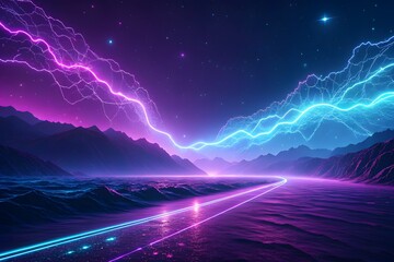 Neon Lightning Storm Over Mountains and Water image photo PNG Transparent background