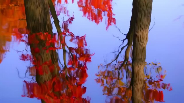 Autumn leaves reflected in a rippled water surface