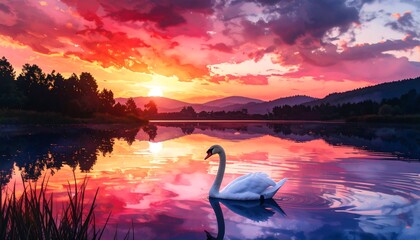 Swan on a serene lake at vibrant sunset