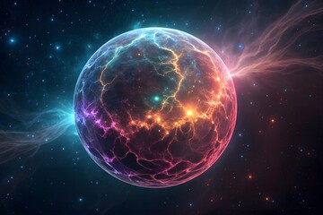 Vibrant Cosmic Sphere with Energetic Light Bursts nebula colorful neon PNG Transparent background