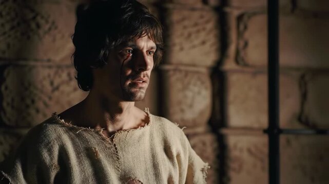 Injured man, stone cell, tear, film scene, drama