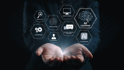 AI learning system involves deep learning, supervised machine learning, and natural language processing. AI learning diagram shows how AI advances learn in automation and data processing. Elide