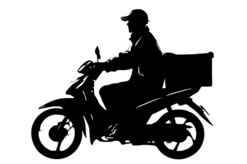 Dynamic delivery rider on scooter navigating urban streets with insulated cargo box, representing fast service and modern logistics solutions